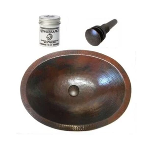 Fregadero de baño martillado de cobre ovalado de 19" con drenaje y cera - Imagen 1 de 5