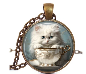 White Persian Teacup Kitty Cat Pendant Necklace 24" Persian Cat Mom Gift - Picture 1 of 4