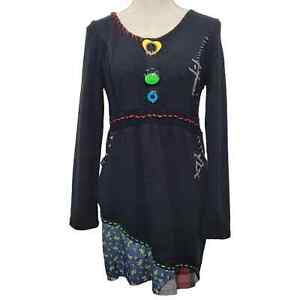 Forla Paris Black Cotton Knit Patchwork Art To Wear Sweater Dress Women L