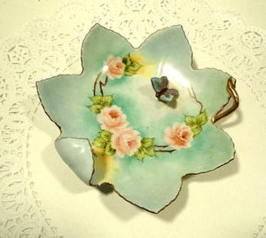 Hand Painted Leaf Shaped Trinket Dish with Butterfly Signed - Picture 1 of 4