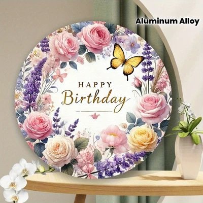 Круглый алюминиевый знак с гирляндой с днем рождения 8*8 — прочные жестяные металлические знаки - Изображение 1 из 4
