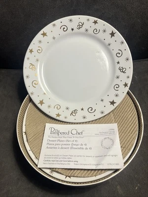 NEW Set/4 The Pampered Chef Celebration Plates 8" Gold Metallic Stars 1996 - Image 1 of 4