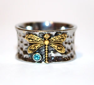 Dragonfly Ring Hammered Sterling Silver 925 Blue Cubic Zirconia Gold Size 8.5 - Picture 1 of 6