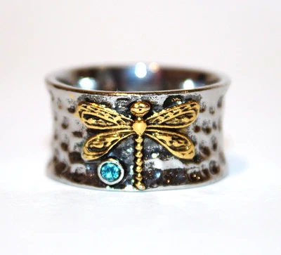Кольцо стрекозы кованое серебро 925 синий кубический цирконий золото размер 8,5 - Изображение 1 из 4