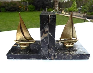 VINTAGE NAUTICAL BRASS SAILBOAT BLACK MARBLE BOOKENDS BOOK ENDS PAIR - Picture 1 of 10