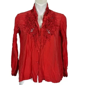 JADE LANTERN Pure Silk Vintage Red Button Up Shirt Top Embroidered Whimsigoth 6 - Picture 1 of 16