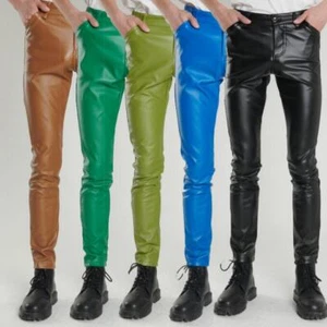 New Men's Faux Leather Slim Fit Pants Motorcycle Resistant Casual PU Trousers - Picture 1 of 23