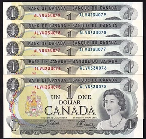 Canada 1973 $1 One Dollar Five Consecutive Banknotes Crow - Bouey Prefix ALV - Picture 1 of 2