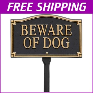 Permanently Cast Black/Gold 'Beware of Dog' Sign with Lawn Stake - Easy Install - Picture 1 of 6