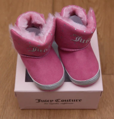 Juicy Couture Baby Girl Crib Shoes ~Baby Burbank ~Pink & Silver-Faux Fur~ Size 1 - Image 1 of 4