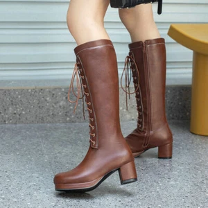 Women's Retro Knee High Boots Combat Motorcycle Lace Up Zip Riding Tall Botas - Picture 1 of 26
