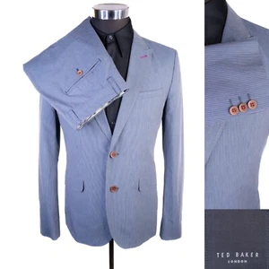 Ted Baker London 2-Pcs Suit Striped Blue Blazer Sz 3 (38) Pants 30X31 Cotton - Picture 1 of 23