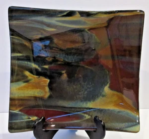 Studio Art Fused Glass "Folded" Square Console Dish Centerpiece Geodesic Colors - Afbeelding 1 van 10