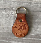 Vintage VTG Genuine Stamped Leather Keychain Maui Ship with Sails