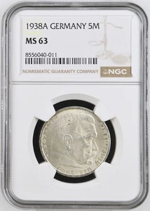 5 marchi 1938 A svastica, Terzo Reich, Germania NGC MS 63 - Foto 1 di 2