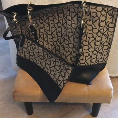 Nuevo bolso de hombro para mujer Calvin Klein negro/gris/dorado cuero/lona Foto 1 de 4