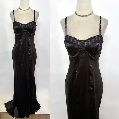 复古 90 年代 00 年代黑名单唇部服务黑色缎面镶嵌礼服 L Goth Grunge — 第 1/4 张图片