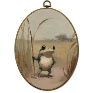 Vintage Frog Farmhouse Oval Wall Art Decor Framed, Rustic Cottagecore Oval Ca... - Picture 1 of 7