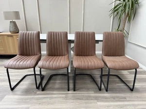 Furniture Village Terra Cognac Tan Leather Set Of 4 Dining Chairs Ready To Ship - Picture 1 of 24