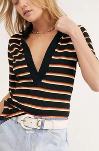 Free People gestreiftes Top mit Kragen Gr. M Rippstrick - Bild 1 von 5