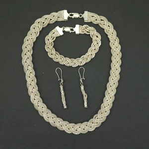 Vintage Silver 925 Necklace Bracelet & Earrings Jewellery Set Twisted Rope 85g - Picture 1 of 12