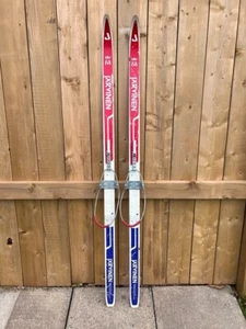 VINTAGE Wooden 56" Snow Skis Has Colorful RED WHITE BLUE Finish +Cable Bindings - Picture 1 of 4