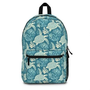 Blue Turtle Travel Backpack, Nature Ocean Beach Pattern Laptop School Books Bag - Picture 1 of 6