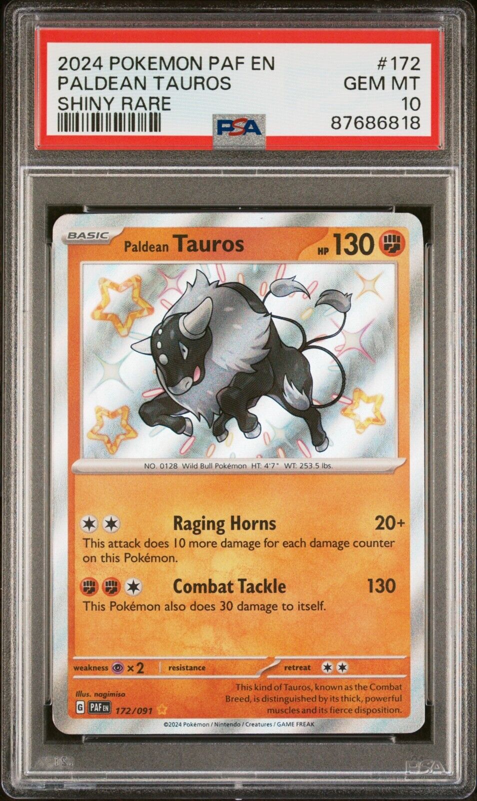 PSA 10 GEM MINT Paldean Tauros PALDEAN FATES 172 SHINY HOLO RARE Pokemon Card