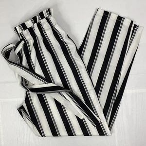 Girls Pants sz Small Black White Striped Drawstring Ruched Waist Straight Leg - Picture 1 of 11