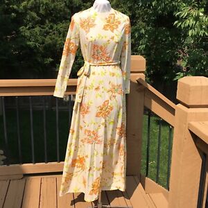 Vtg 60s-70s Orange Floral Sequin Belted Maxi Dress Long Sleeve Size 6/8 Retro