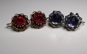 VTG Signed Sarah Coventry Ruby Red Flower Clip On Earrings & Gray Glass Stone ST