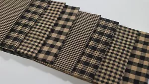 Primitive Antique Black Tan Plaid Halloween Homespun Doll Quilt Fabric Scrap Lot - Picture 1 of 5