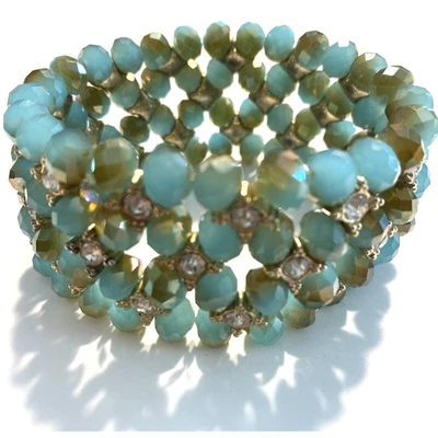Pulsera elástica con cuentas gruesa azul aguamarina verde cuentas facetadas y pedrería blanca Foto 1 de 4