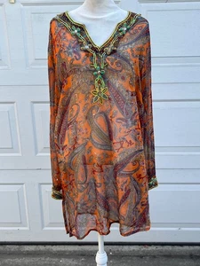 Raj 100% Silk Women's Boho Hippie Tunic Top Cover Embroidered X Large - Picture 1 of 7
