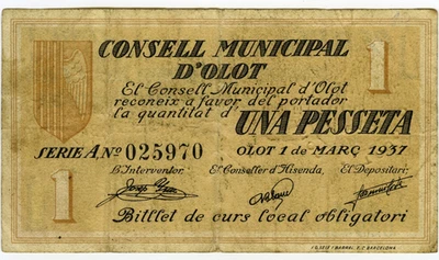 # SPAIN CIVIL WAR 1937 • OLOT 1 PESETA MUNICIPAL ☆ GUERRA CIVIL ESPAÑOLA ☆D1587 - Image 1 of 2