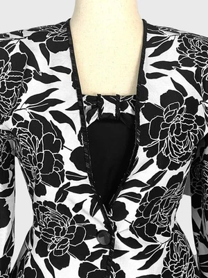 Chaqueta De Colección Nolan Miller 2 Piezas Seda Peplum Negro Blanco Floral Cuentas Forrada Talla 8 Foto 1 de 4