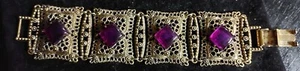 "Bracciale Costume Vintage Gioielli Pannello Filigrana Oro Ametista 6,5" - Foto 1 di 6