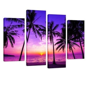 KREATIVE ARTS - 4 Panel Tropical Palm Trees Purple Sunset on Ocean Beach Natu... - Picture 1 of 7