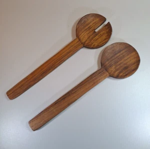 Wooden Salad Servers Vintage MCM Scandi Style Dining BBQ Servers Farmhouse Chic - Picture 1 of 14