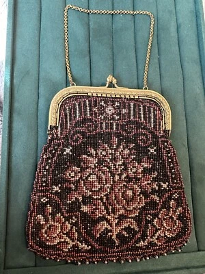 Antique French Beaded Black & Magenta 1920s Evening Bag Clutch Metal Frame - Image 1 of 4