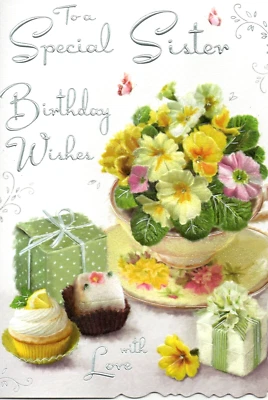 JONNY JAVELIN SPECIAL SISTER BIRTHDAY CARD ~ QUALITY CARD ~ FLORAL DESIGN & LOVELY VERSE
