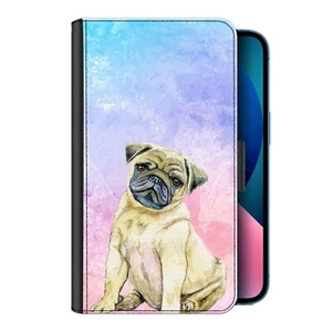 Pug Phone Case For iPhone 14/13/12 Watercolour Dog PU Leather Cover, Flip Wallet - Picture 1 of 7