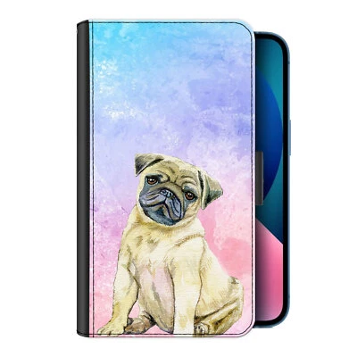 Pug Phone Case For iPhone 14/13/12 Watercolour Dog PU Leather Cover, Flip Wallet - Image 1 of 4