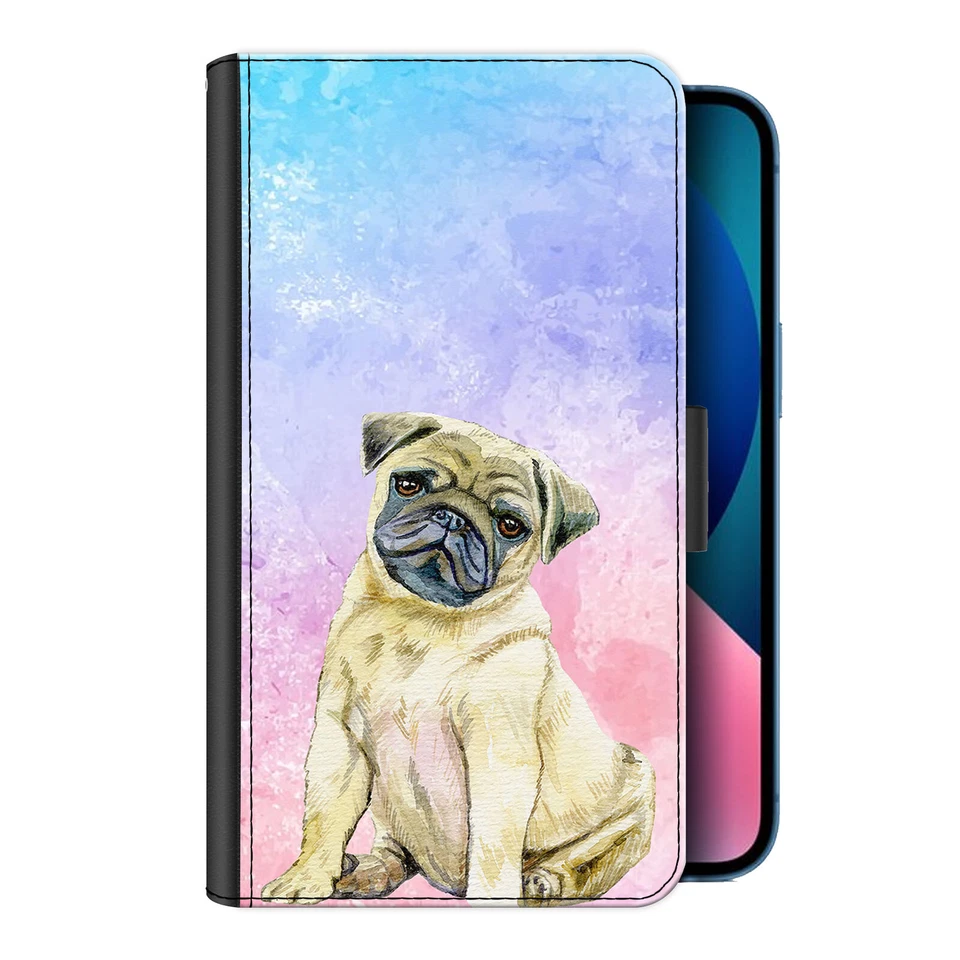 Pug Phone Case For iPhone 14/13/12 Watercolour Dog PU Leather Cover, Flip Wallet - Image 1 of 4