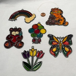 Vintage Buntglas Sonnenfänger Set 6, Regenbogenbär Schmetterling Luftballons Blumen - Bild 1 von 13