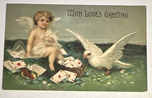Postal de San Valentín en relieve Cupido Querubín con letras y corazones Alemania - Imagen 1 de 2