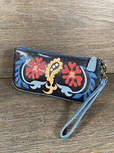 Isabella Fiore Black, Blue, Red, Mustard Embroidered Leather Boho Wristlet