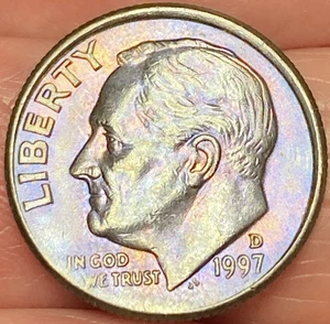 1997-D Roosevelt Dime Beautiful Lustrous Rainbow Toned Coin w/Error #8 - Picture 1 of 12