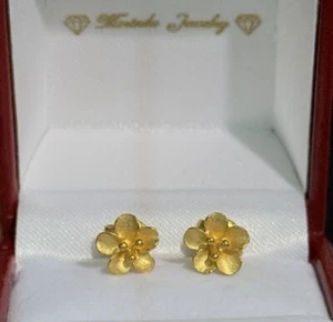 24k Solid Gold Stud 3D Flower Shiny Lady Earrings, 2.49 Grams. - Picture 1 of 5