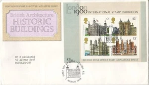 Sello GB Londres 1980 hoja miniatura edificios históricos FDC PO primer día cubierta - Imagen 1 de 1